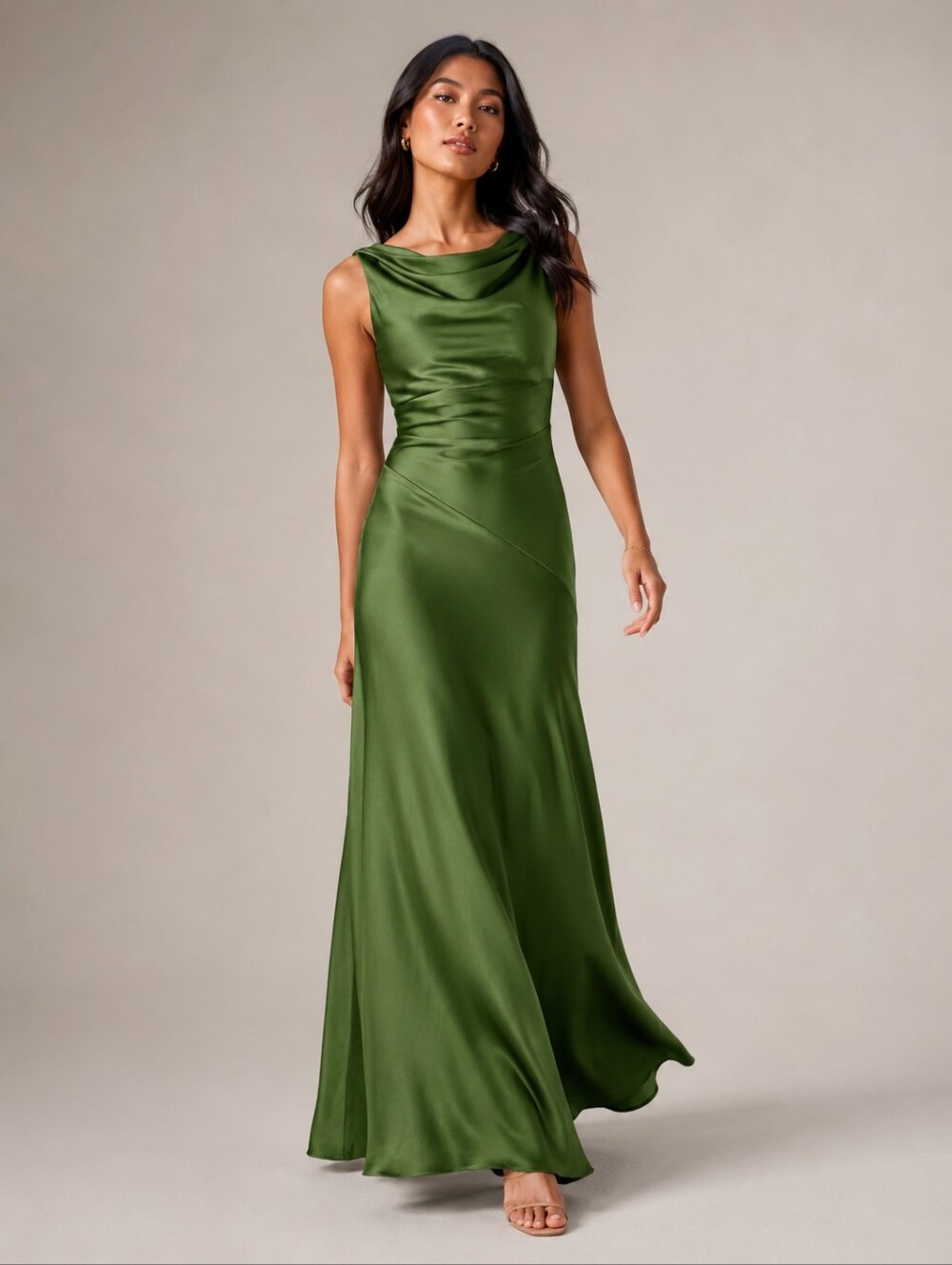 Azazie Nerine Juniper Green Stretch Satin Cowl Neck Maxi Dress A18 NWT